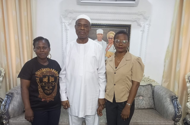 VISIT - L-R: Nkechi Naeche-Esezobor, Chairperson, NAIPE; Prince (Dr) Feyisayo Soyewo, Chairman/Chief Executive Officer, Prestige Insurance Brokers Limited; Rosemary Iwunze, General Secretary, NAIPE, during a condolence visit of NAIPE to Soyewo over the demise of his daughter 
